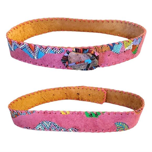 VTG 80s Colorful Hand Painted Southwestern Leather Tooled Belt 36\